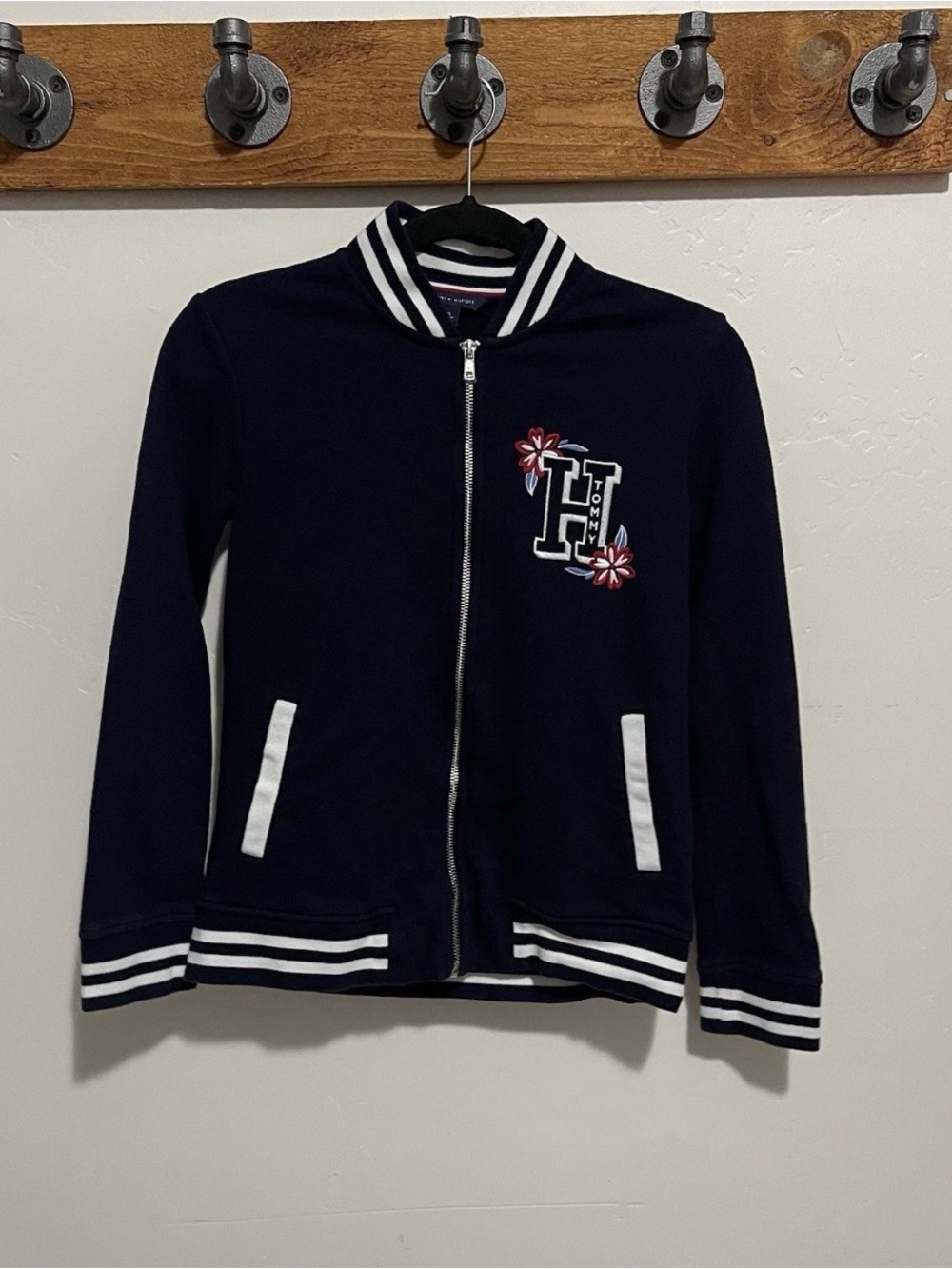 Tommy Hilfiger Women’s XS Navy Varsity Zip Jacket Y2K Floral H Logo
